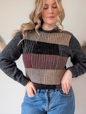 Vintage Patchwork Striped Ribbed Crewneck Shetland Wool Sweater
